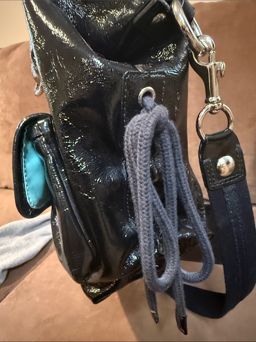 Coach Poppy Black Patent Shoulder Bag with Silver Hardware - Picture 6 of 8